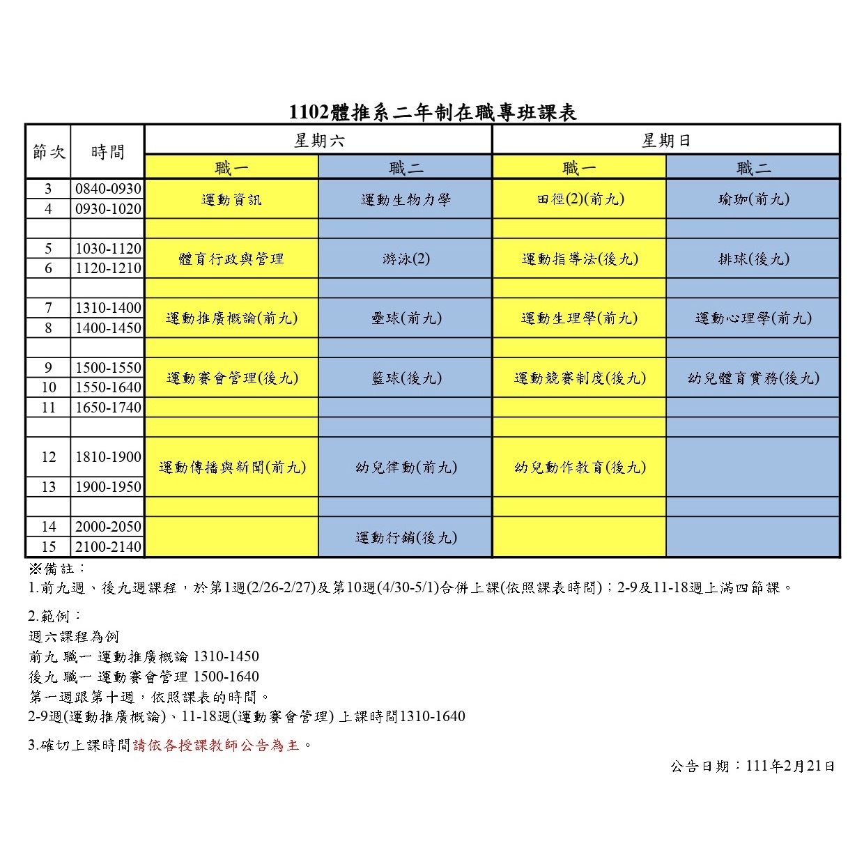 1102體推系二年制在職專班課表